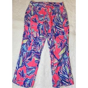 Lilly Pulitzer Tiki Pink Cabana Blue Pink Tropical Palms Linen Pants Size 6